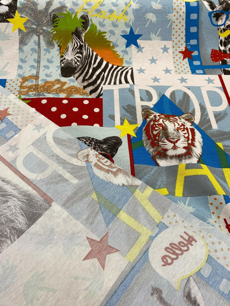 Tropical Selva Giraffe Funky Zebra Lion Cotton Polyester Fabric - Red, Blue, Yellow, Green, Orange On White, Animal Print, 54" Width (1 Yard)