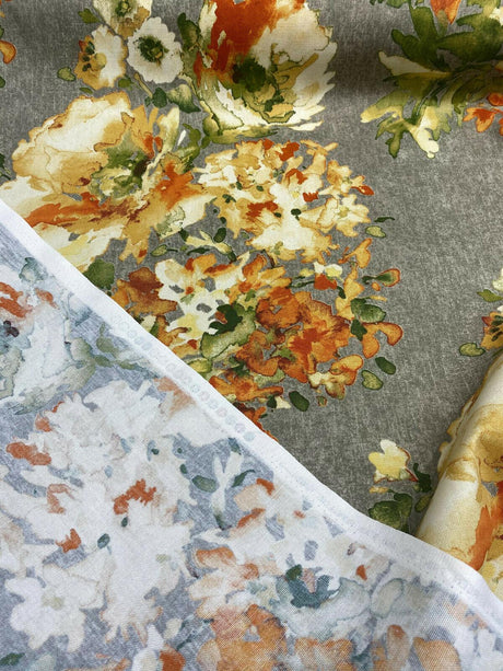 Rite Of Spring Flowers Apricot Fabric - Orange Green Gold Ivory Floral Print, 54" Width (1 Yard)