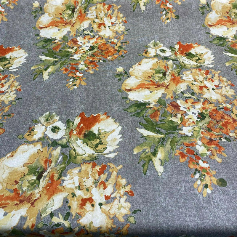Rite Of Spring Flowers Apricot Fabric - Orange Green Gold Ivory Floral Print, 54" Width (1 Yard)