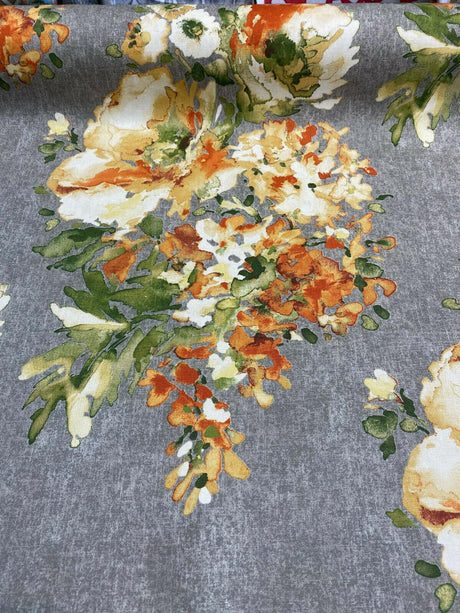 Rite Of Spring Flowers Apricot Fabric - Orange Green Gold Ivory Floral Print, 54" Width (1 Yard)