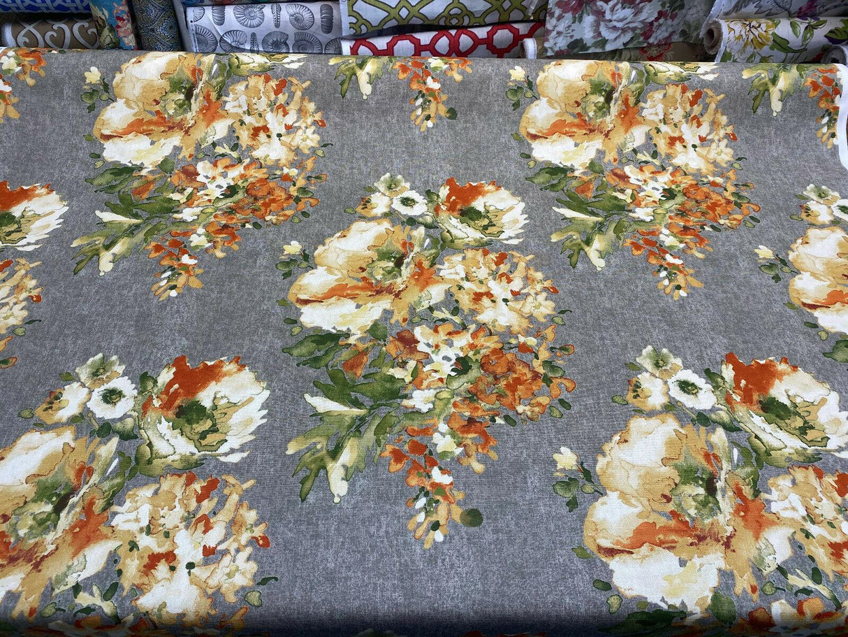 Rite Of Spring Flowers Apricot Fabric - Orange Green Gold Ivory Floral Print, 54" Width (1 Yard)
