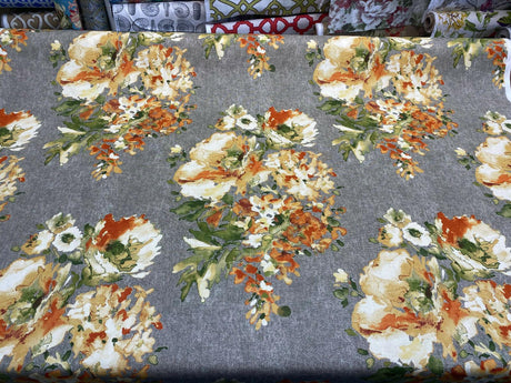 Rite Of Spring Flowers Apricot Fabric - Orange Green Gold Ivory Floral Print, 54" Width (1 Yard)