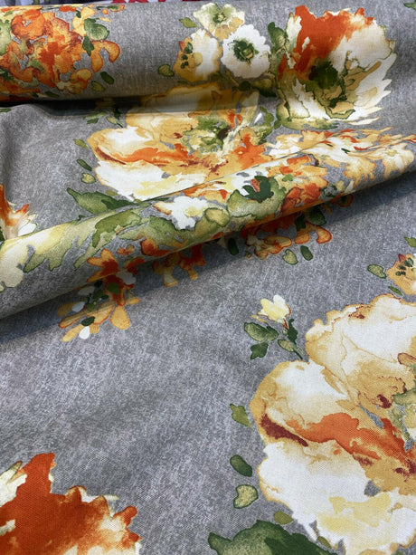 Rite Of Spring Flowers Apricot Fabric - Orange Green Gold Ivory Floral Print, 54" Width (1 Yard)