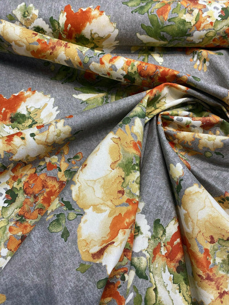 Rite Of Spring Flowers Apricot Fabric - Orange Green Gold Ivory Floral Print, 54" Width (1 Yard)