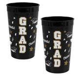 Bright Black Grad Reusable Plastic Tumblers – 12 Count (32 oz, 6.75")