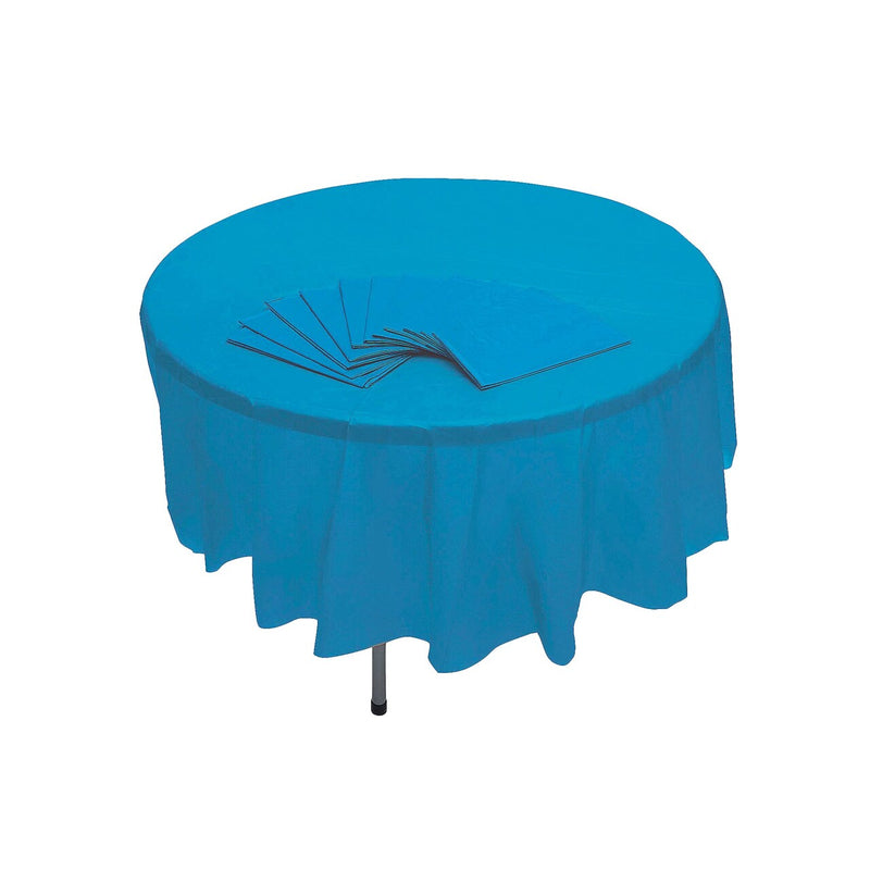 82" Bulk 12 Pc. Turquoise Banquet-Style Round Disposable Plastic Tablecloths