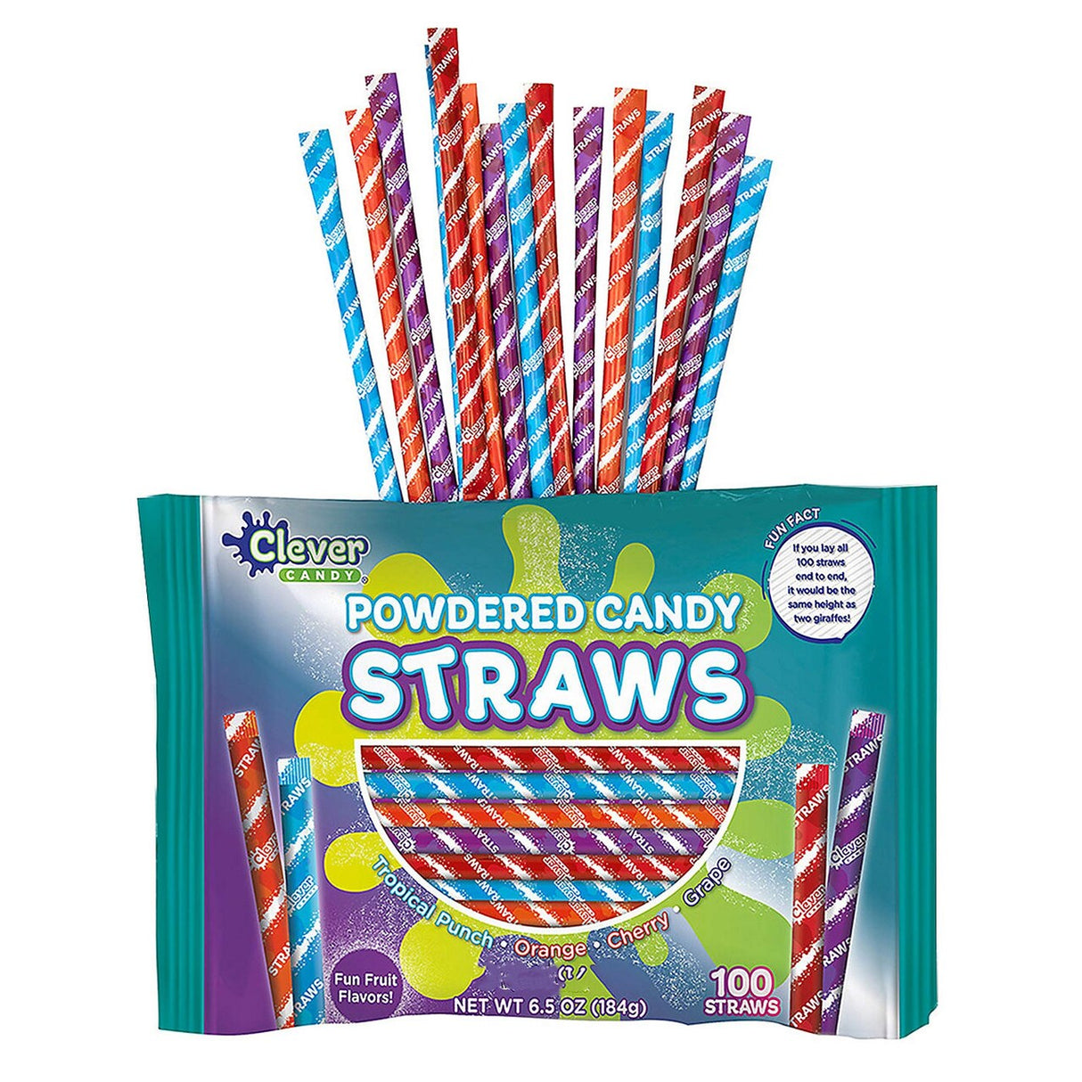 Clever Candy Powdered Fruit Flavor Candy Straws – 100 Count, 6.5 oz