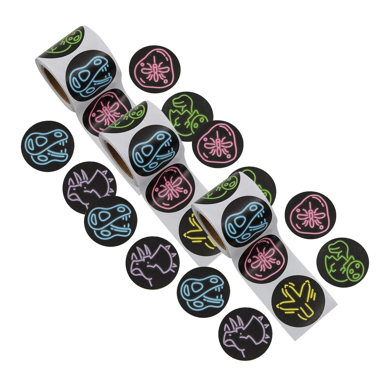 1 1/2" Glow in the-Dark Neon Dinosaur Paper Sticker Roll 100 Pc