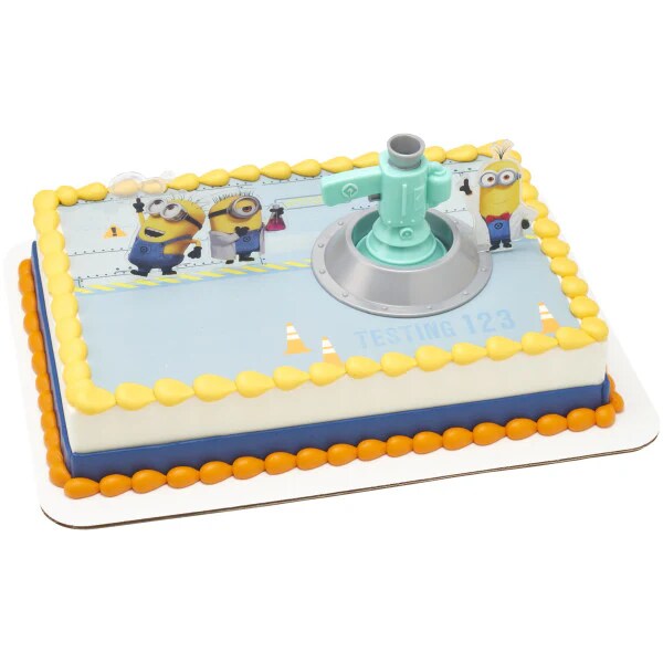 Minions Fart Bubble Blaster Cake Topper, 4 Piece Decoration Set With Working Bubble Wand, Stand, & Kevin, Bob, & Stuart Cake Kit