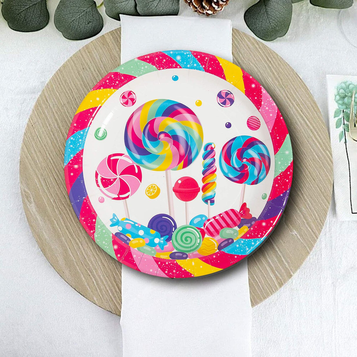 8 Ct. Candy World Paper Dinner Plates 9" Colorful Candy & Lollipop Design