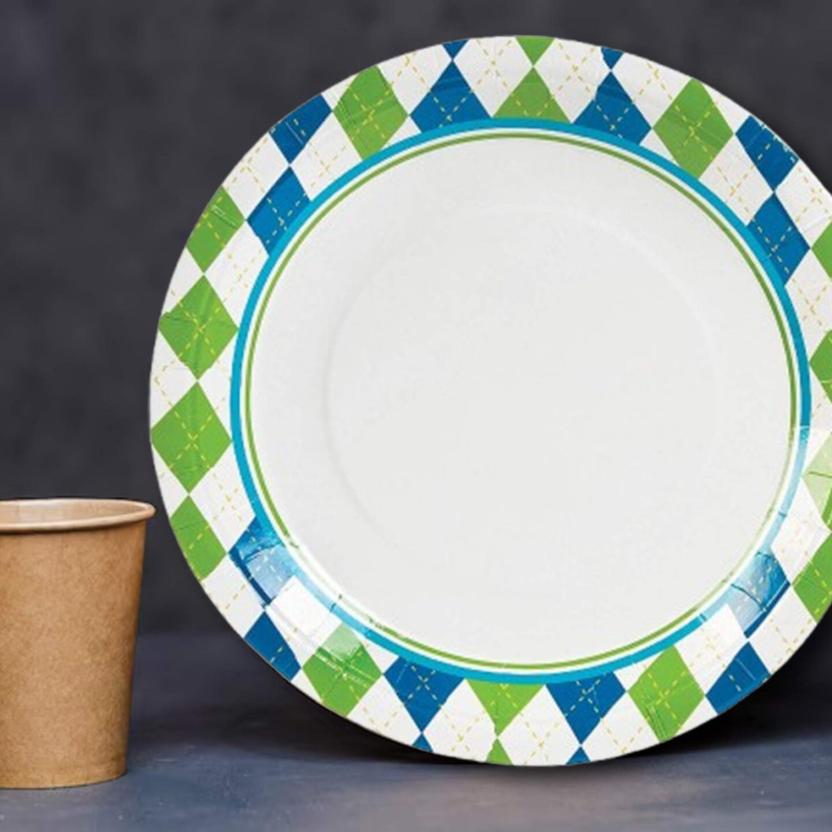 Blue and Green Checkered Golf Party Paper Plates 8 Count for Birthday or Sports Events