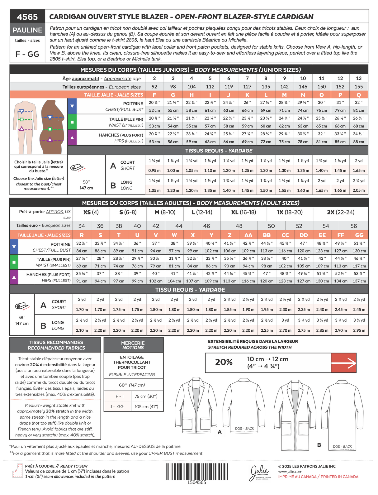 Sewing Pattern Pauline Open Front Blazer Style Cardigan by Jalie