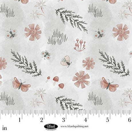 Cotton Floral Print Fabric 44/45 Mist Tossed Motifs Petals & Pewter