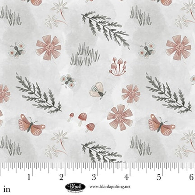 Cotton Floral Print Fabric 44/45 Mist Tossed Motifs Petals & Pewter