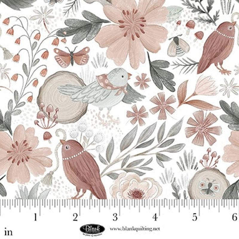 Cotton Print White Birds and Flowers Petals & Pewter 44/45" Fabric