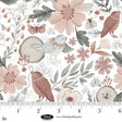 Cotton Print White Birds and Flowers Petals & Pewter 44/45" Fabric