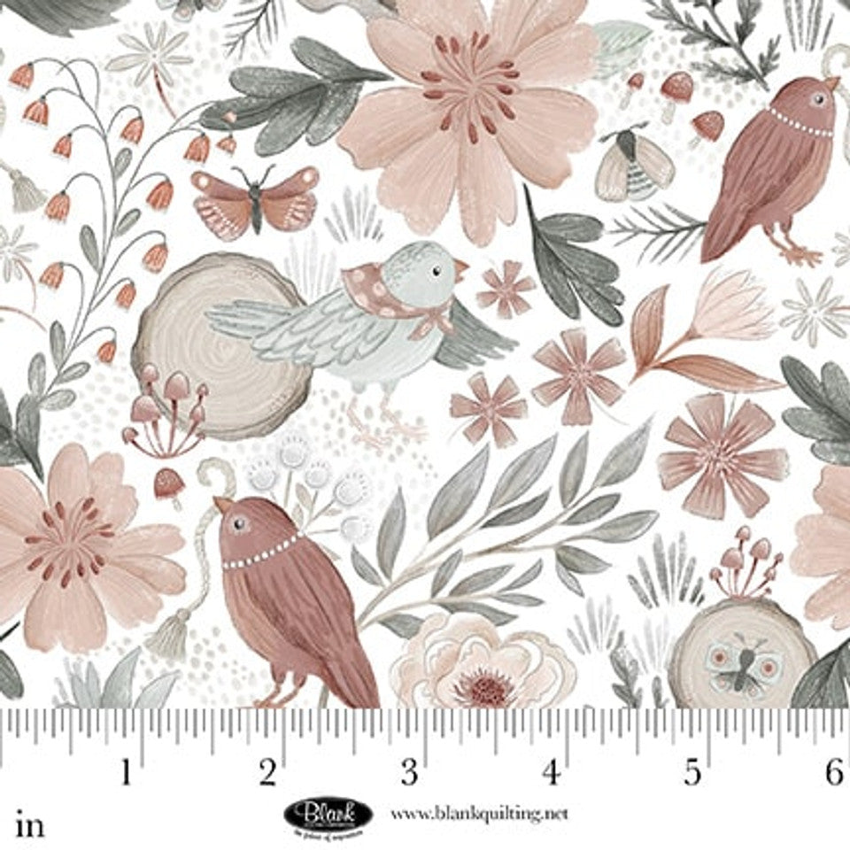 Cotton Print White Birds and Flowers Petals & Pewter 44/45" Fabric