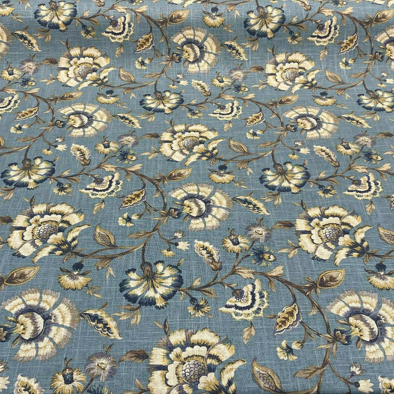 Swavelle Millcreek Linen Rayon Fabric - Blue Ivory Floral, 54" Width, 18.5" Horizontal Repeat, 17" Vertical Repeat (1 Yard)