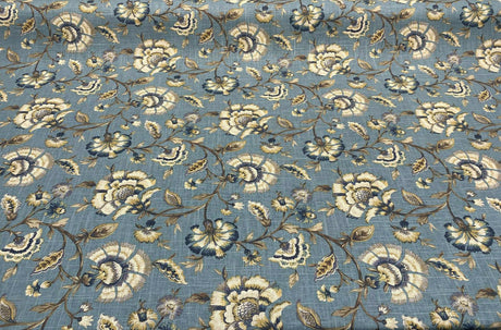Swavelle Millcreek Linen Rayon Fabric - Blue Ivory Floral, 54" Width, 18.5" Horizontal Repeat, 17" Vertical Repeat (1 Yard)