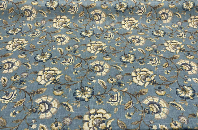 Swavelle Millcreek Linen Rayon Fabric - Blue Ivory Floral, 54" Width, 18.5" Horizontal Repeat, 17" Vertical Repeat (1 Yard)