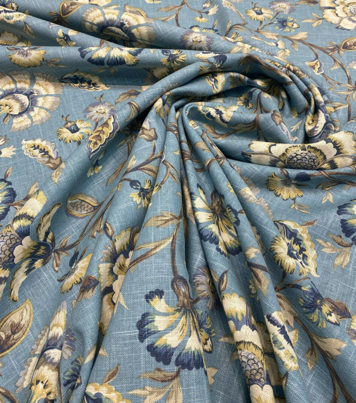 Swavelle Millcreek Linen Rayon Fabric - Blue Ivory Floral, 54" Width, 18.5" Horizontal Repeat, 17" Vertical Repeat (1 Yard)