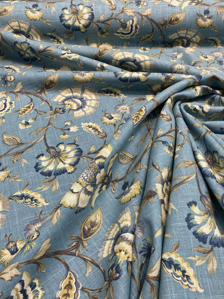 Swavelle Millcreek Linen Rayon Fabric - Blue Ivory Floral, 54" Width, 18.5" Horizontal Repeat, 17" Vertical Repeat (1 Yard)