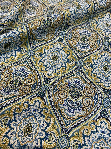 Stansbury Diamonds Indigo Linen Fabric - Blue, Diamond Print, 54" Width (1 Yard)