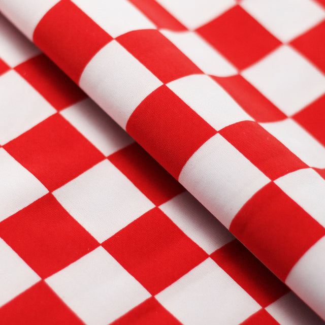 Checkers Poly Spandex Fabric - Red And White Checkered, 1" x 1" Checks, 58/60" Width (1 Yard)