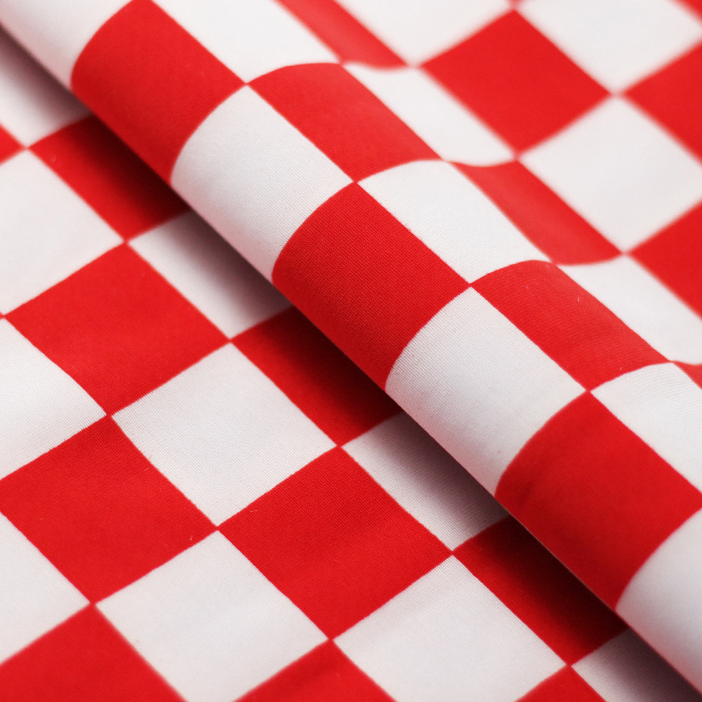 Checkers Poly Spandex Fabric - Red And White Checkered, 1" x 1" Checks, 58/60" Width (1 Yard)