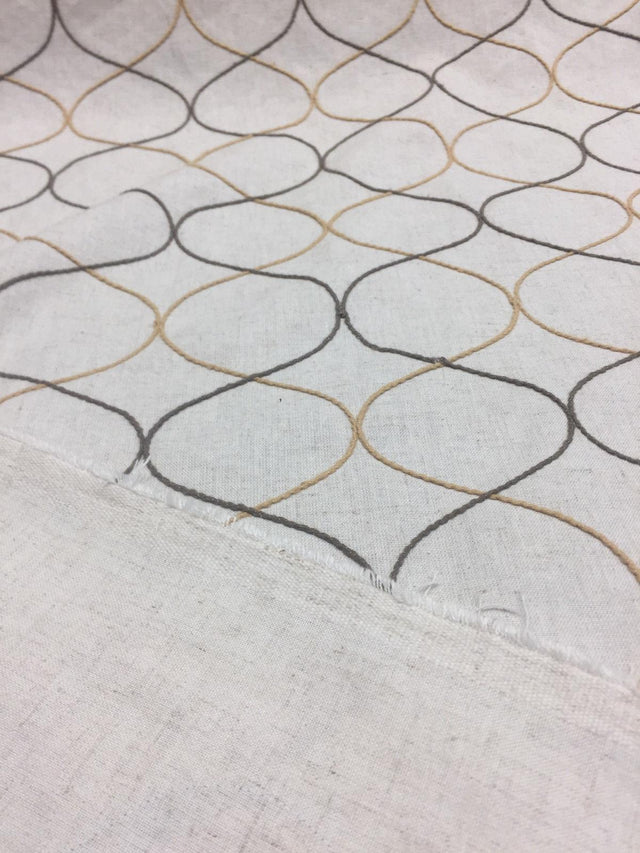 Silhouette Heritage Embroidered Linen Drapery Fabric - Natural With Rust Embroidery, 55" Width (1 Yard)