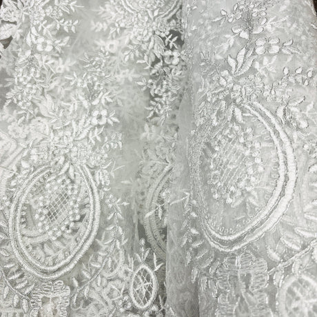 Corded Bridal Lace Fabric - Embroidered On 100 Percent Polyester Net Mesh, 48" Wide (1 Yard)