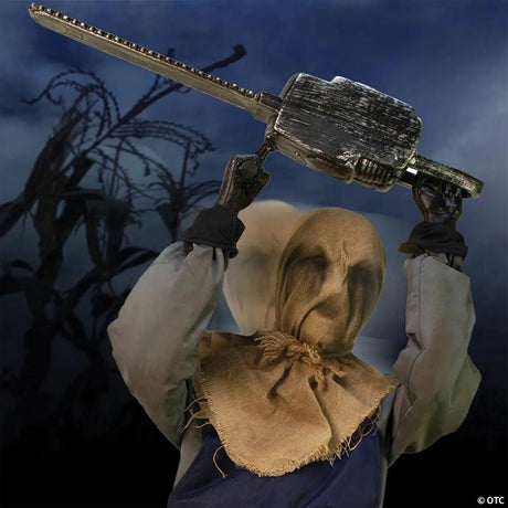 RADYAN Animated Seated Chainsaw Greeter Halloween Prop with Motion and Sound shown in a clear product image