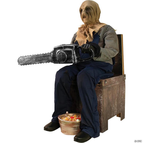 RADYAN Animated Seated Chainsaw Greeter Halloween Prop with Motion and Sound shown in a clear product image