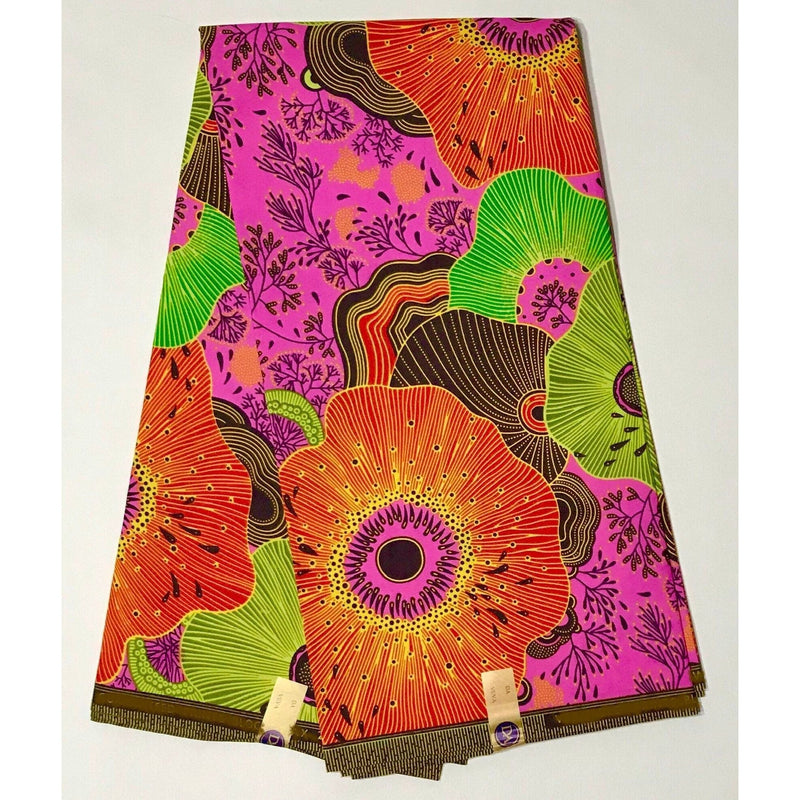 African Print Fabric Ankara Polyester Fabric - Pink, Red, Yellow Floral Fiyah, 45" Width (Per Yard)