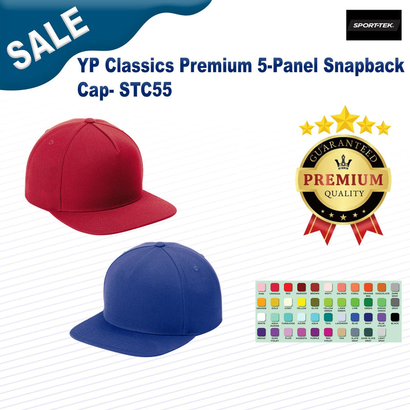 Sport-Tek five-panel structured snapback cap with a classic fit for sports, casual outfits, events, and everyday wear