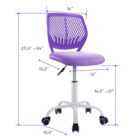 Costway Office Task Desk Armless Chair Adjustable Mid Back Swivel Study Chair Rose\Blue\Turquoise\Purple