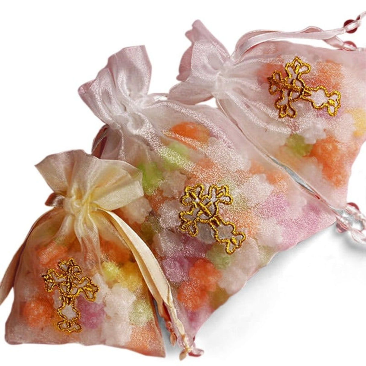Golden Cross Embroidered Organza Bags 4'' x 6'' Favors