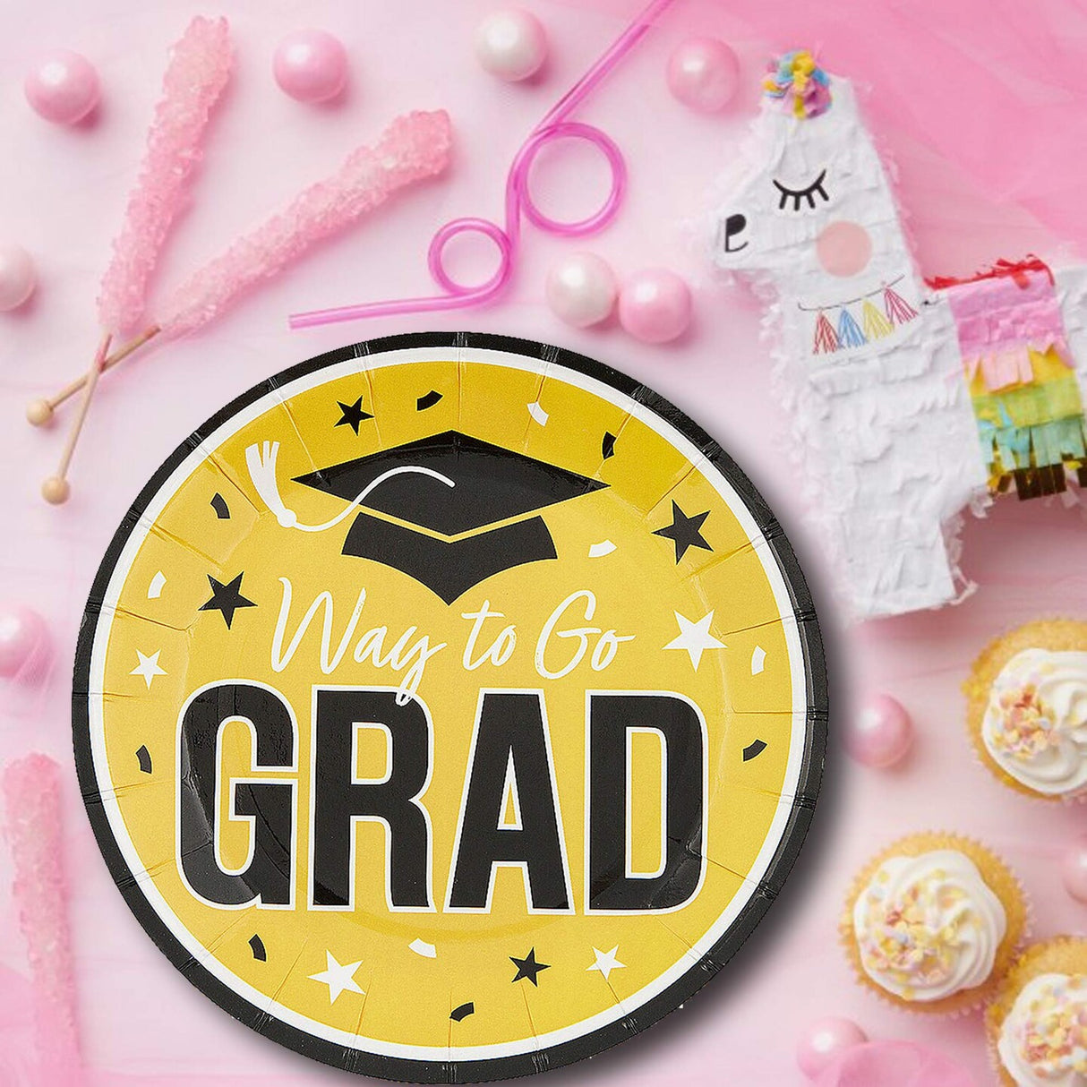 25 Count Yellow Way to Go Grad Disposable Paper Dessert Plates Graduation Supplies 7 1/4 Inch