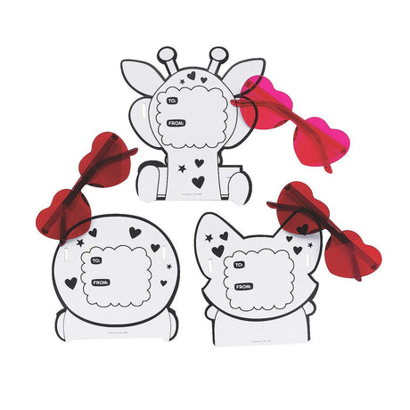 Rimless Heart Glasses for Valentine Exchanges with Animal Card – Pack of 12