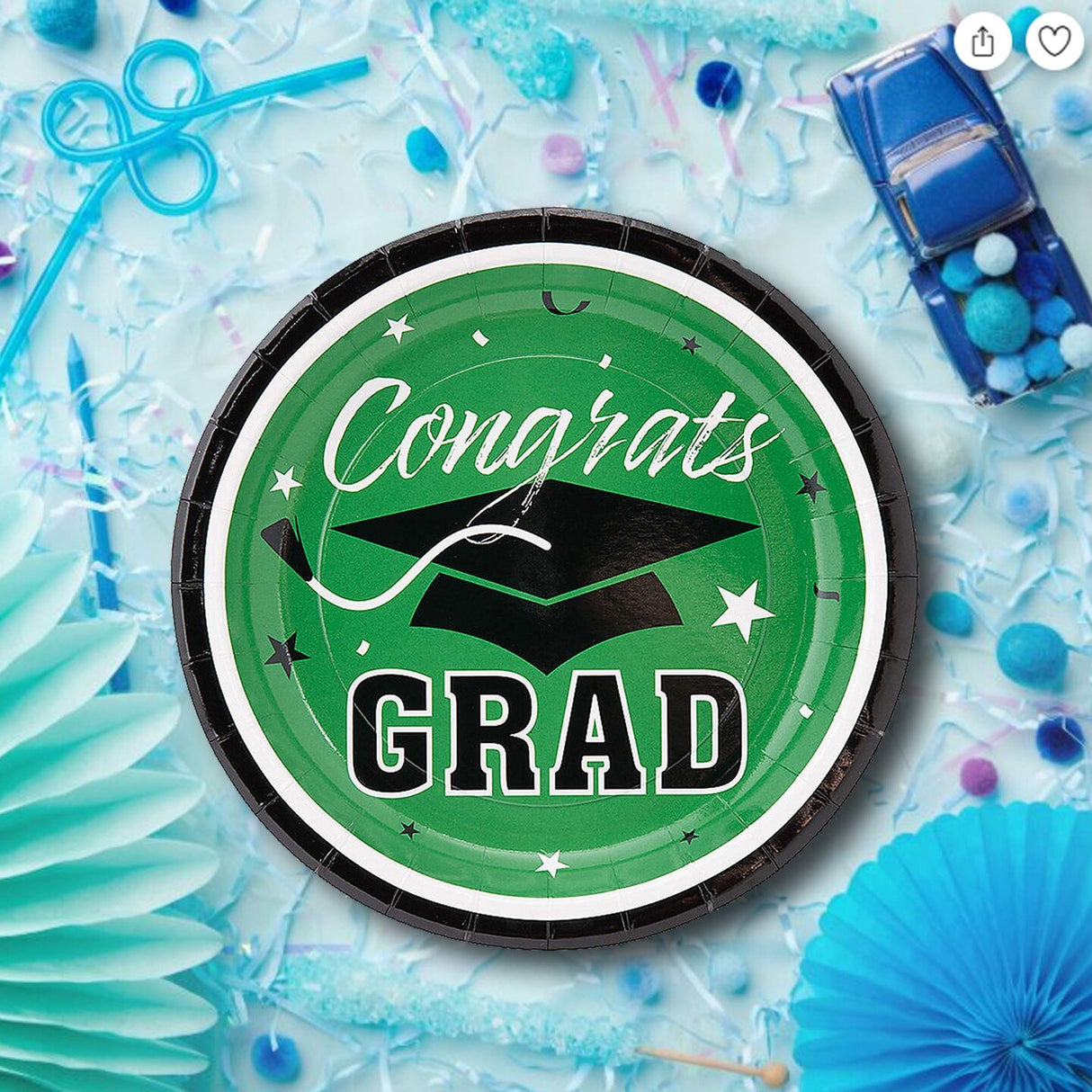 25 Count Green Congrats Grad Dessert Plates Solid Color Graduation Party Supplies 7 1/4"