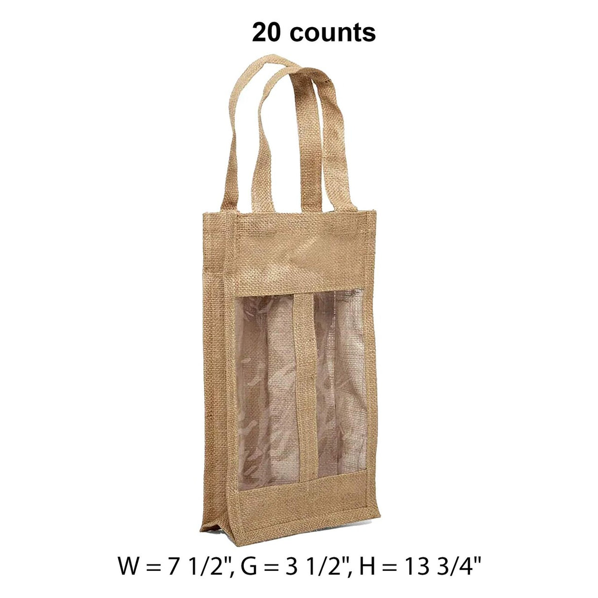 Jute Wine Bags with Window 7 1/2 '' X 3 1/2 '' X 13 3/4 '' Two Bottle