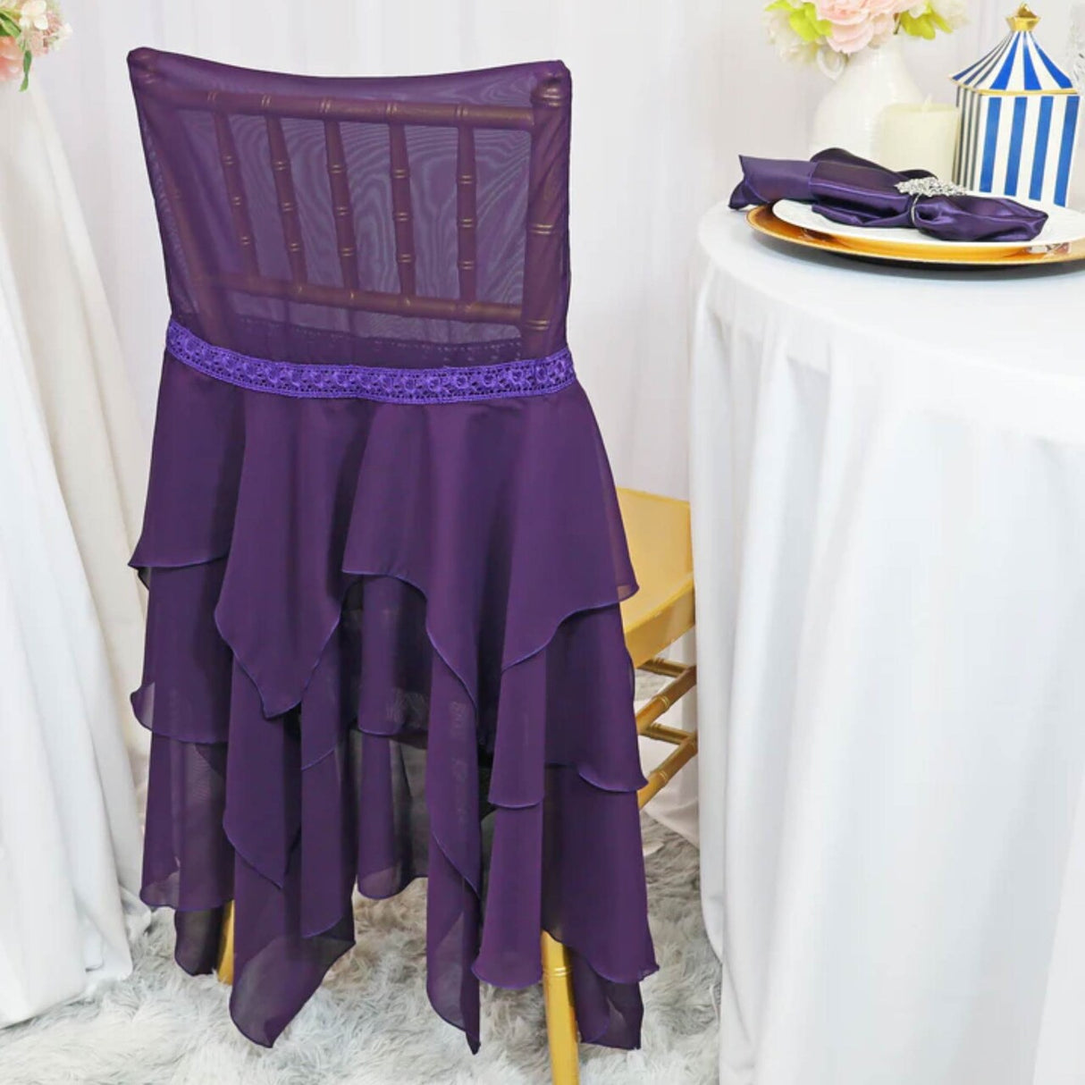 1 Piece Deep Eggplant Chiffon Chair Cover with Sash Elegant for Weddings & Events