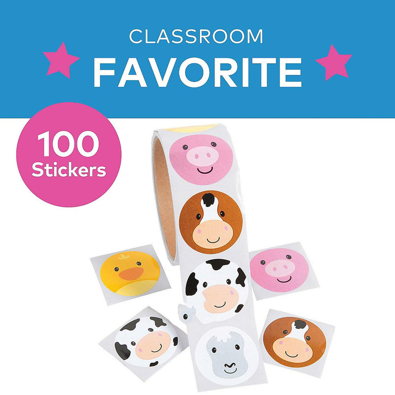 1 1/2" Farm Animal Face Multicolor Paper Sticker Roll 100 Pc