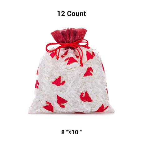 White & Red Santa Hats Sheer Bags 8” x 10” Holiday Packaging
