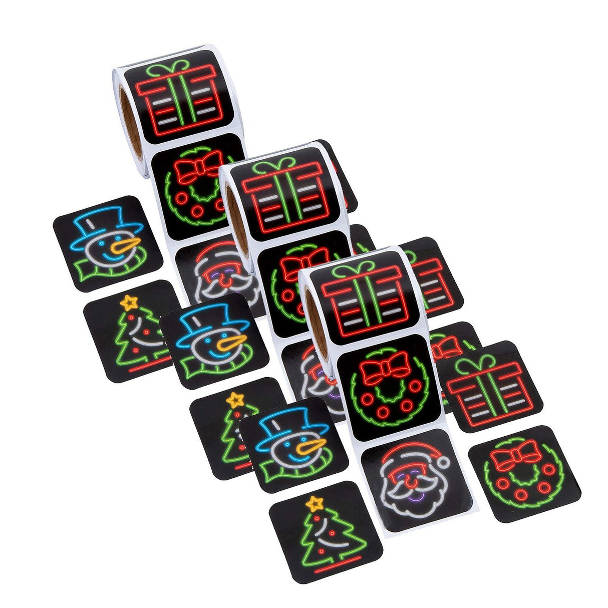 1 1/2" Neon Noel Christmas Icons Paper Sticker Roll 100 Pc