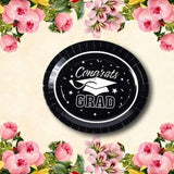 25 Count Betallic Black Congrats Graduation Party Paper Banquet Plates Disposable Dinner Plates 11 3/4" x 10"