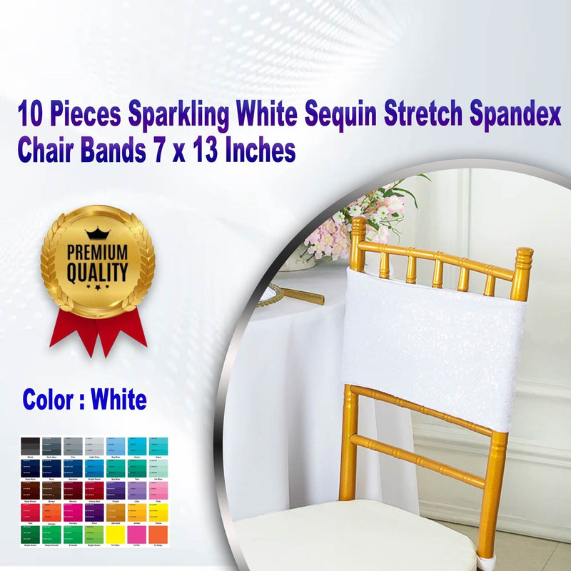 10 Pieces Sparkling White Sequin Stretch Spandex Chair Bands 7 x 13 Inches