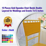 10 Pieces Gold Spandex Chair Bands Double Layered for Weddings and Events 7x13 inches
