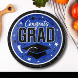 Blue 9 Inch Graduation Party Plates 25 Count with Congrats Grad Print for School Celebrations