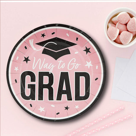 25 Count Pink Way to Go Grad Disposable Paper Dessert Plates 7 1/4 Inch Graduation Party Supplies